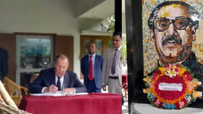 ধানমন্ডিতে বঙ্গবন্ধুর প্রতিকৃতিতে শ্রদ্ধা জানিয়ে পরিদর্শন বইয়ে মন্তব্য লিখছেন রাশিয়ার পররাষ্ট্রমন্ত্রী সের্গেই ল্যাভরভ। ইমেজ: একাত্তর