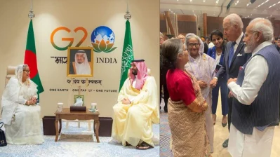 সৌদি যুবরাজ মোহাম্মদ বিন সালমানের সঙ্গে আলাপরত প্রধানমন্ত্রী এবং বঙ্গবন্ধুর ছোট কন্যা শেখ রেহানার সাথে কুশল বিনিময় করছেন বাইডেন ও মোদি