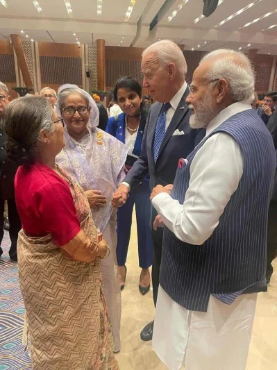 বঙ্গবন্ধুর ছোট কন্যা শেখ রেহানার সাথে কুশল বিনিময় করছেন বাইডেন ও মোদি