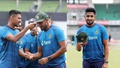 মোস্তাফিজের কাছ থেকে অভিষেক ক্যাপ পাচ্ছেন খালেদ। (বামে) ওয়ানডে ক্যাপ হাতে খালেদ। (ডানে)