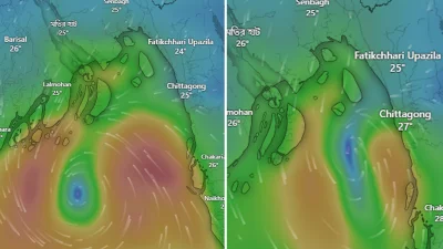 বুধবার সকাল ১০টা এবং বেলা ১টার সময় ঘূর্ণিঝড় হুমানের সম্ভাব্য অবস্থান সূত্র: উইন্ডি ডটকম