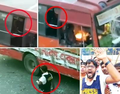 বলাকা পরিবহনের বাসের ভেতরে নয়ন, বাসে আগুন দিচ্ছেন, আগুন দেয়ার পর বেরিয়ে আসছেন।