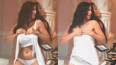 প্রথম ক্যাটরিনার ডিপফেক ছবি। দ্বিতীয় ছবিটি টাইগার-৩ থেকে নেয়া। এই দৃশ্যটিকেই এআই দিয়ে বদলে দিয়ে ভাইরাল করা হয়েছে