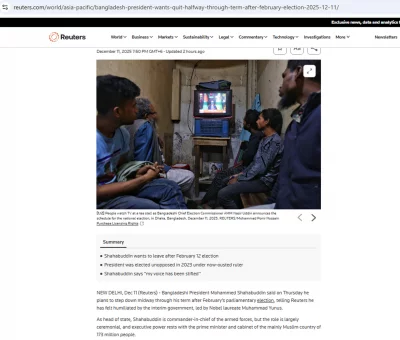 বার্তা সংস্থা রয়টার্সকে দেয়া এক সাক্ষাৎকারে রাষ্ট্রপতি সাহাবুদ্দিন বলেছেন, ত্রয়োদশ জাতীয় সংসদ নির্বাচনের পর পদত্যাগের পরিকল্পনা করেছেন তিনি।