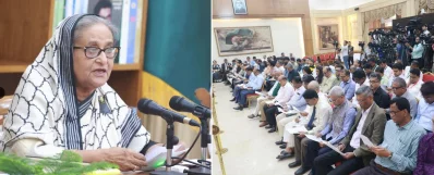 সংবাদ সম্মেলনে প্রধানমন্ত্রী শেখ হাসিনা। ছবি: ইয়াসিন কবির জয়