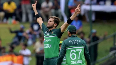 পাকিস্তানের উদযাপনের শুরুটা করেন শাহিন আফ্রিদি। ইমেজ: ইএসপিএনক্রিকইনফো