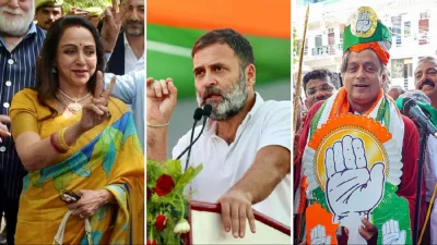 এ দফার হেভিওয়েট প্রার্থী হেমা মালিনী (বায়ে), রাহুল গান্ধী (মাঝে), শশী থারুর (ডানে)। ছবি: সংগৃহীত।